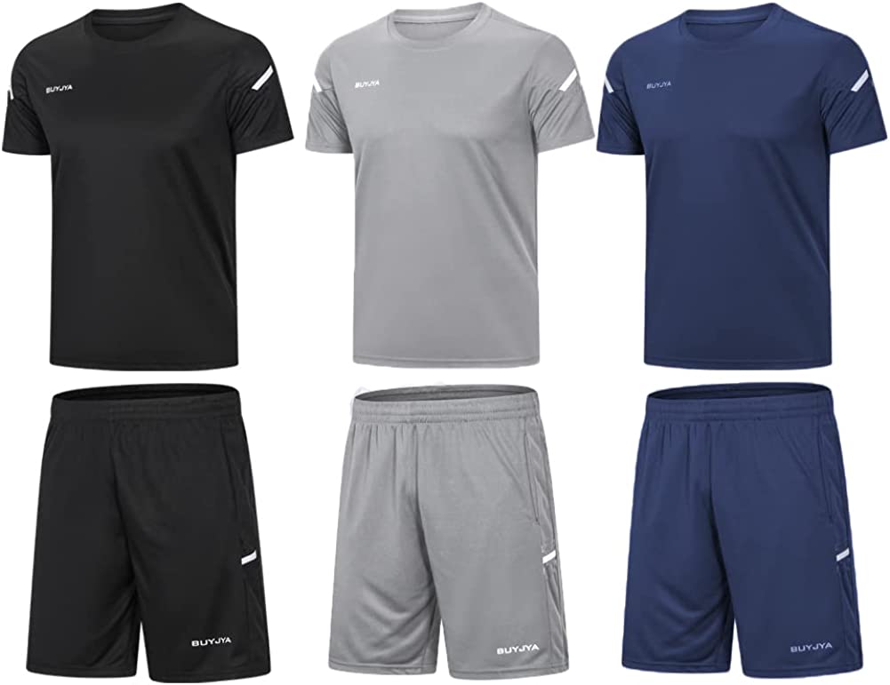 BUYJYA Men's Workout Clothes Athletic Shorts Shirt Set 3 Pack for Basketball Football Exercise Training Running Gym - Image 3